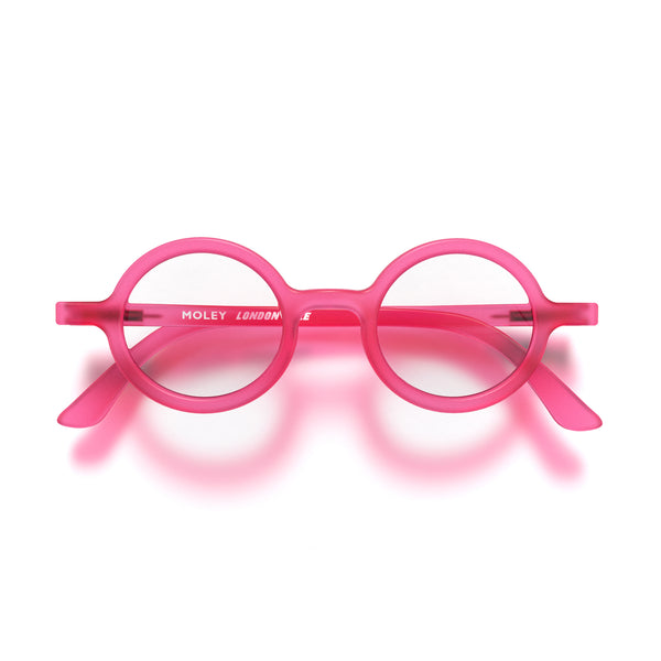 london mole Moley reading glasses in rubberised fluorescent transparent pink