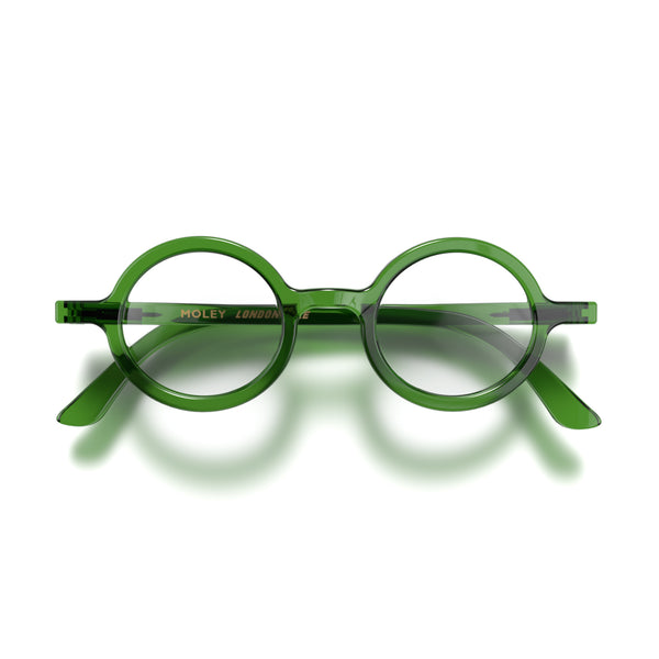 london mole Moley reading glasses in transparent green