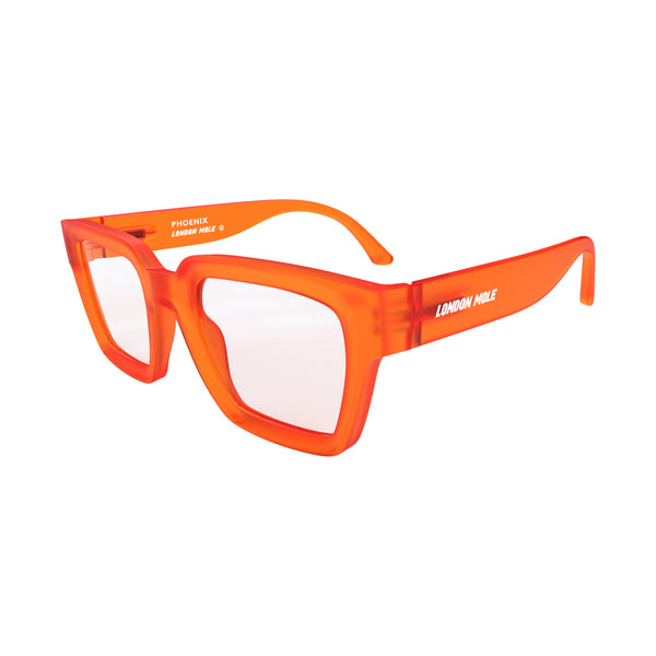 London Mole Phoenix Reading Glasses In Rubberised Fluorescent Transparent Orange
