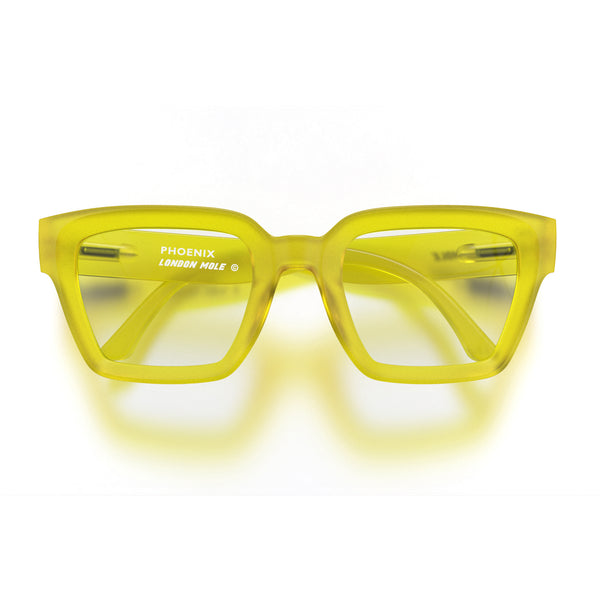 london mole Phoenix reading glasses in rubberised fluorescent transparent yellow