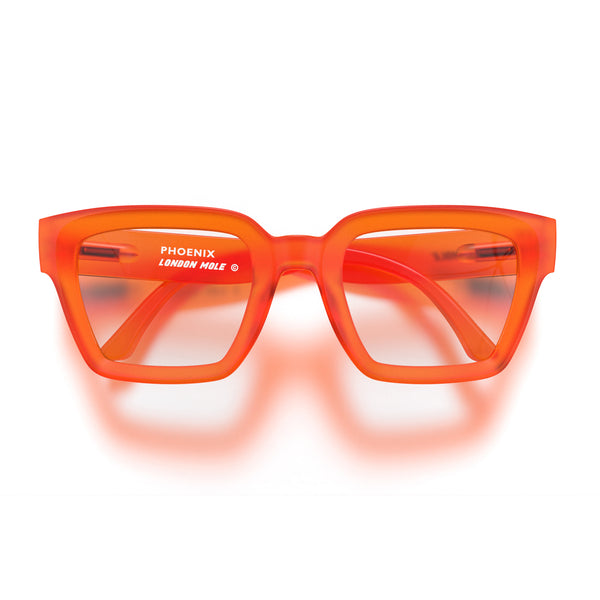 london mole Phoenix reading glasses in rubberised fluorescent transparent orange