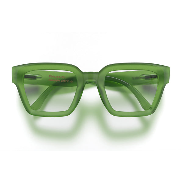 london mole Phoenix reading glasses in rubberised transparent green
