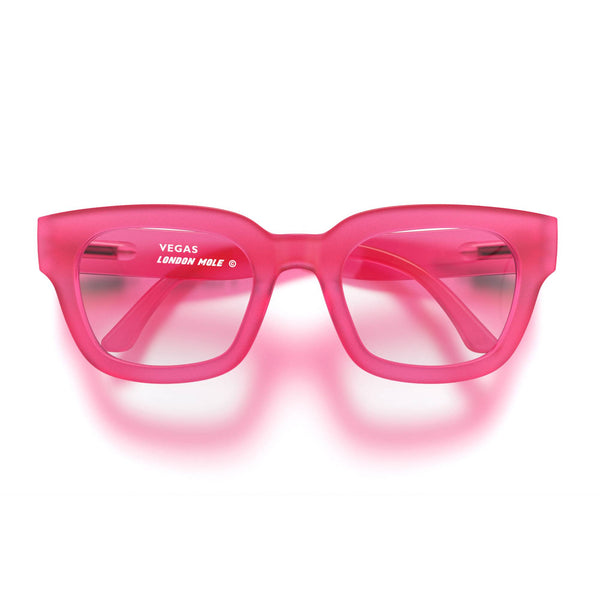 london mole Vegas reading glasses in rubberised fluorescent transparent pink