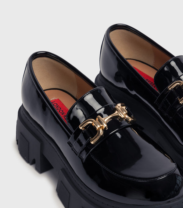 London Rebel Amanda Black Chunky Buckle Front Loafers