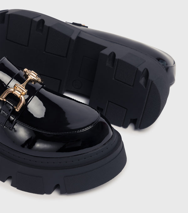 London Rebel Amanda Black Chunky Buckle Front Loafers