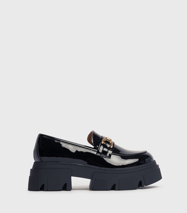 london rebel Amanda Black Chunky Buckle Front Loafers