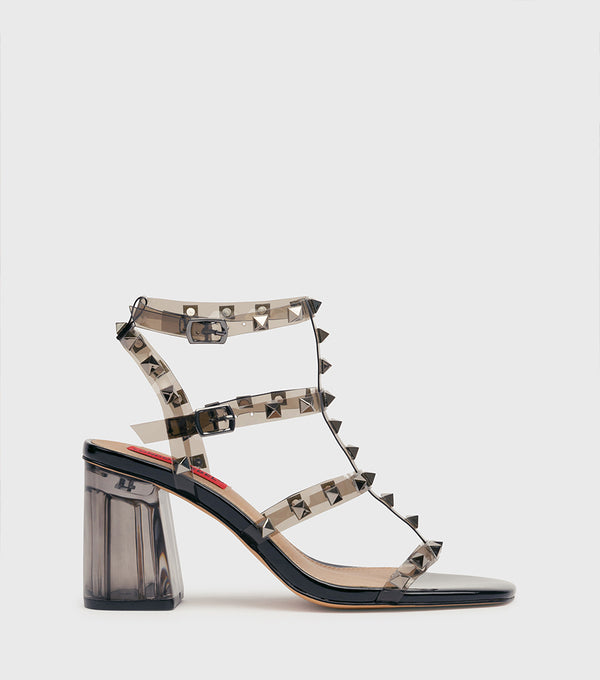 London Rebel Amelia Black Studded Perspex Heeled Sandal