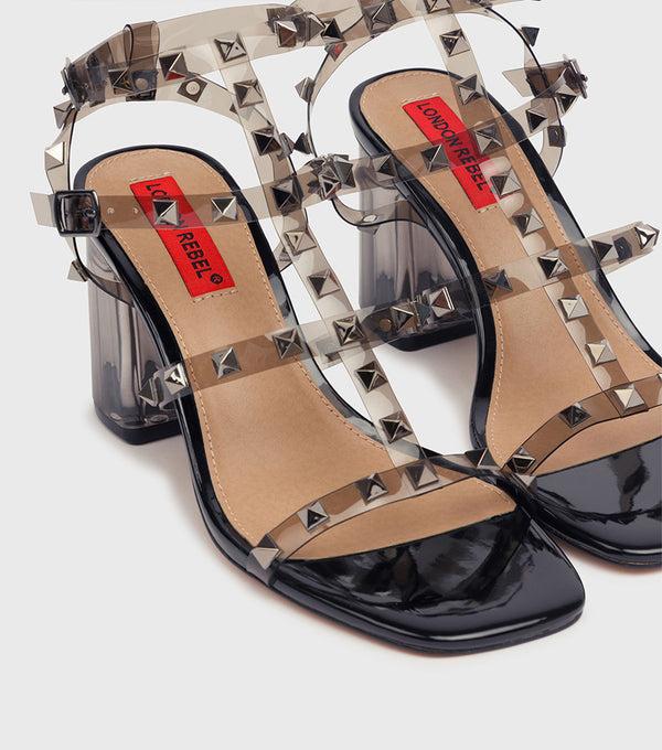London Rebel Amelia Black Studded Perspex Heeled Sandal