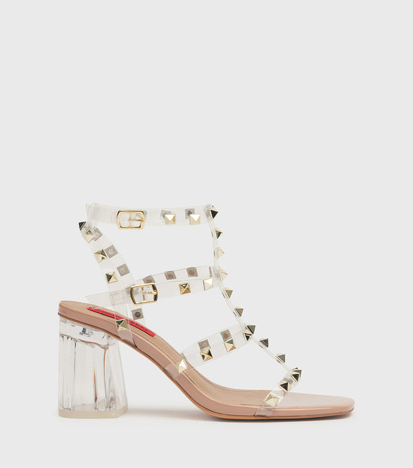 London Rebel Amelia Nude Studded Perspex Heeled Sandal