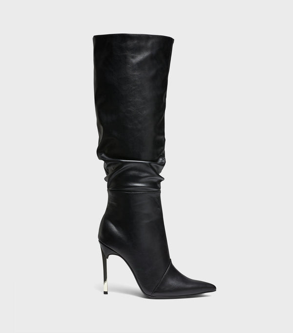 London Rebel Edie Black Knee High Stiletto Heeled Boots