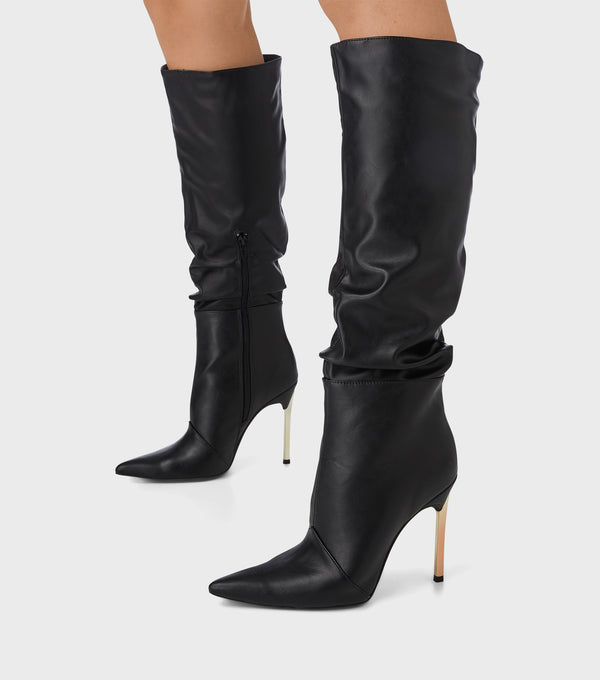 london rebel Edie Black Knee High Stiletto Heeled Boots
