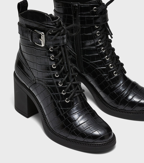 London Rebel Eleanor Black Heeled Lace Up Ankle Boots