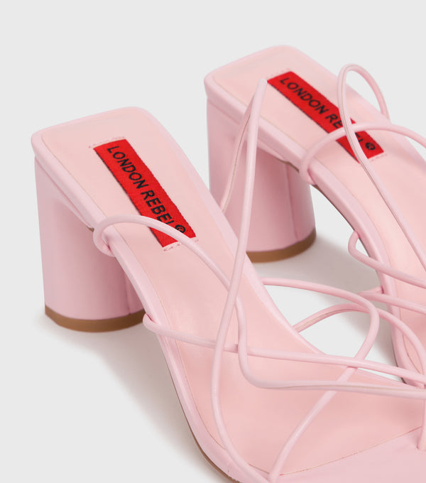 London Rebel Evie Pink Ankle Wrap Block Heeled Sandals