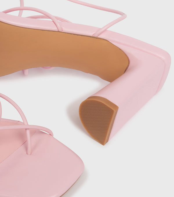 London Rebel Evie Pink Ankle Wrap Block Heeled Sandals