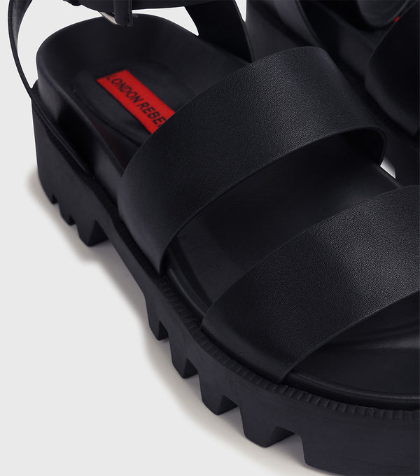 London Rebel Hazel Black PU Chunky Ankle Tie Slider