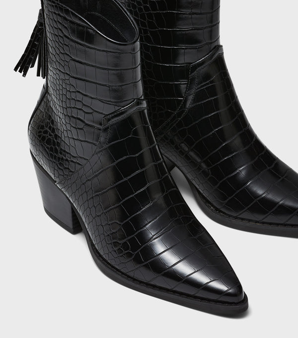 London Rebel Janice Black Western Boots With Tassel Detail
