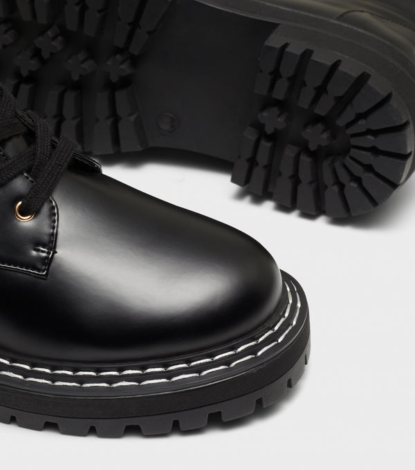 London Rebel Laura Black Chunky Lace Up Boot With Buckle