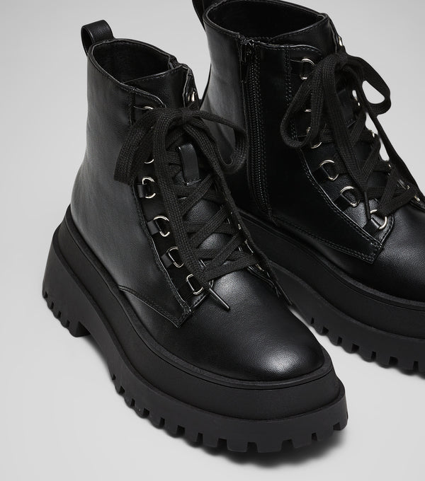 London Rebel Billie Black Chunky Lace Up Boots