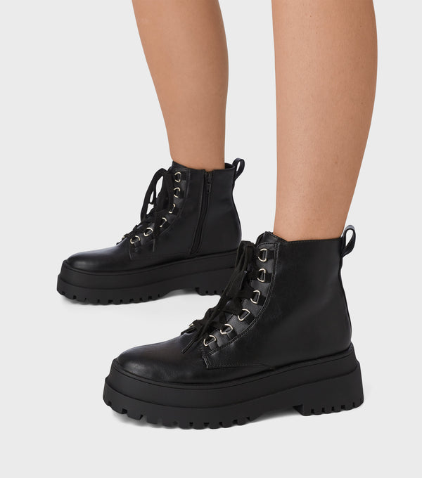 london rebel Billie Black Chunky Lace Up Boots