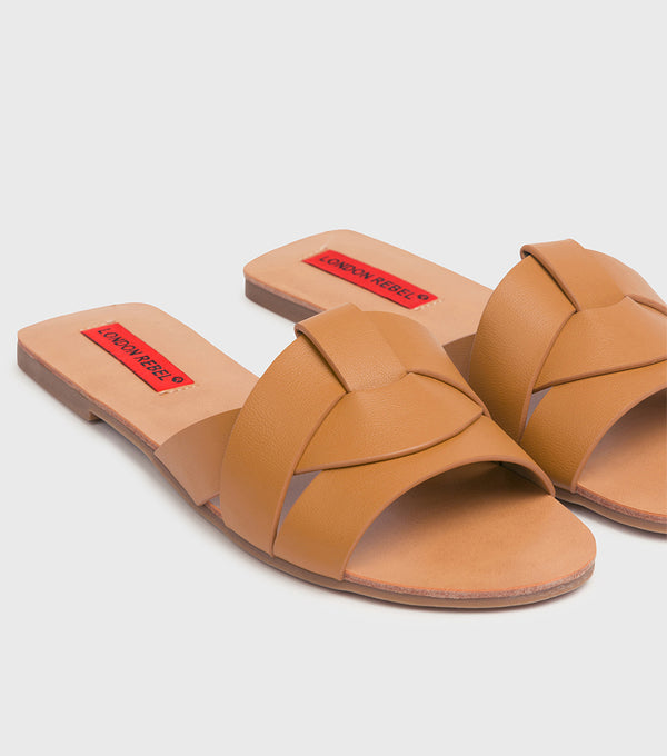 London Rebel Charlotte Tan Slip On Flat Sandal