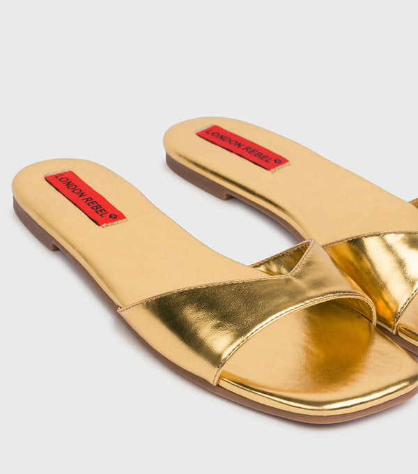 London Rebel Chloe Gold Slip-on Flat Sandal