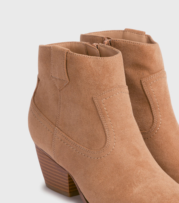 London Rebel Eden Tan Suedette Western Ankle Boots