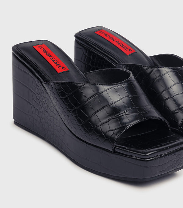 London Rebel Fiona Black Croc Chunky Wedge