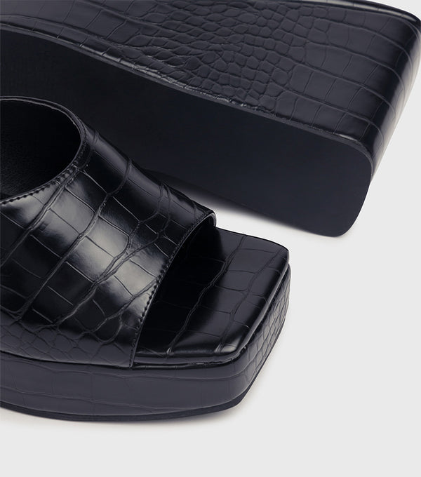 London Rebel Fiona Black Croc Chunky Wedge