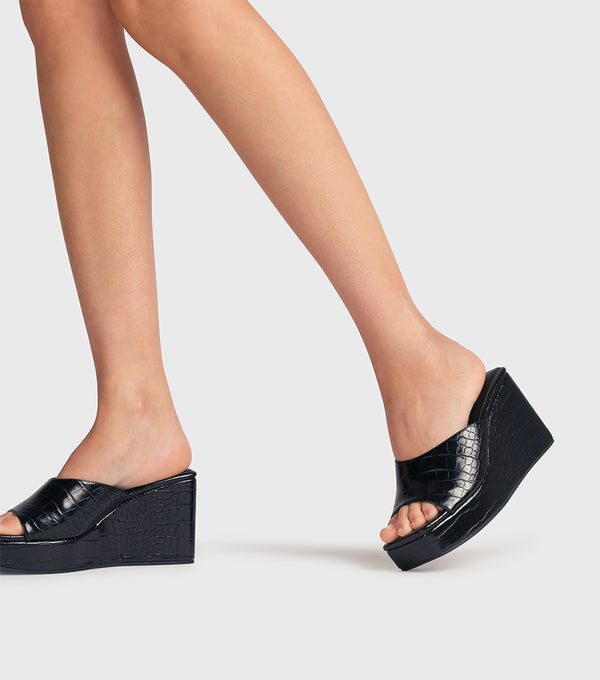 london rebel Fiona Black Croc Chunky Wedge
