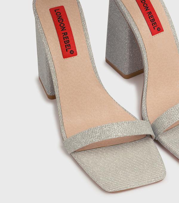 london Rebel Giselle Silver Sparkle Block Heel