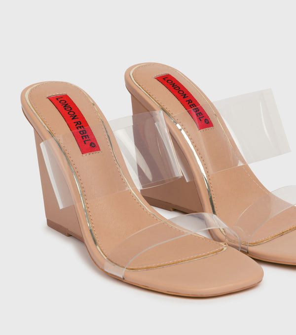 London Rebel Hannah Nude Perspex Wedge Shoes
