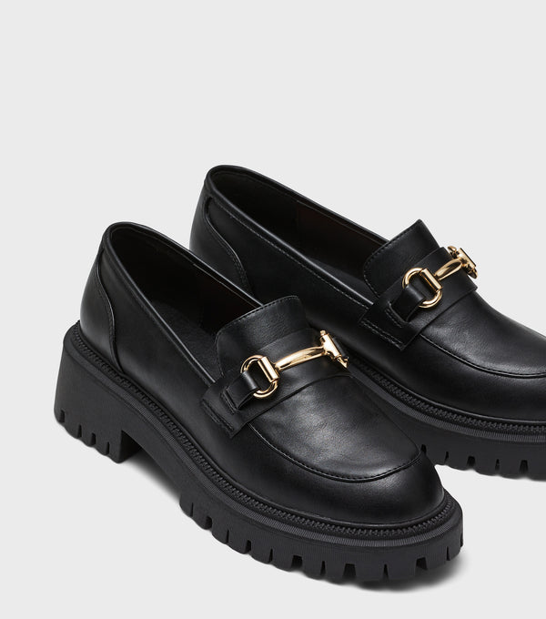 London Rebel Indie Black Chunky Chain Loafer Shoes
