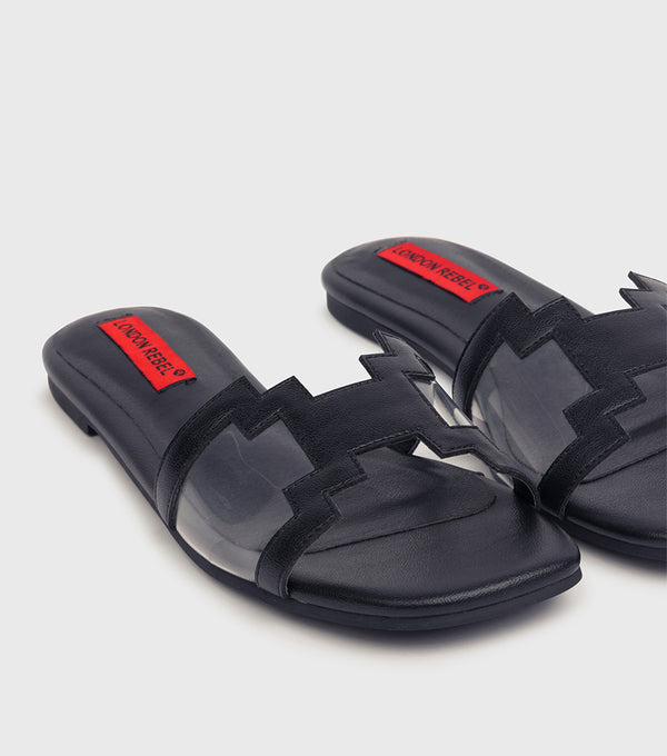 London Rebel Juliet Black Perspex Flat Sandal