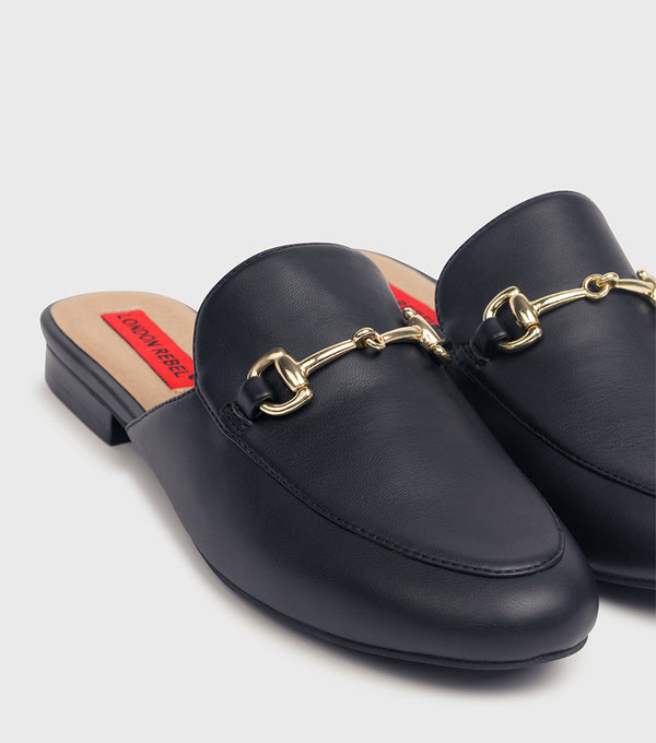 London Rebel Myla Black PU Metal Trim Loafer