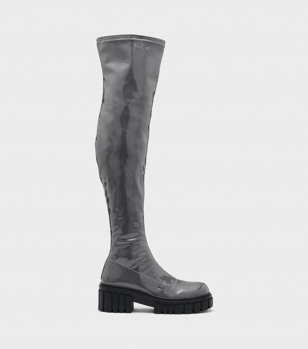 London Rebel Nadine Grey Flat Over The Knee Boots