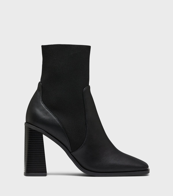 London Rebel Rachel Black Block Heel Sock Boots