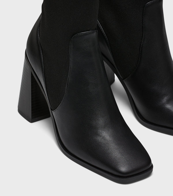 London Rebel Rachel Black Block Heel Sock Boots
