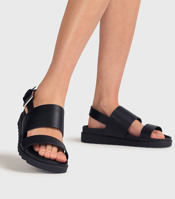london rebel Sofia Black PU Chunky Strap Sandals