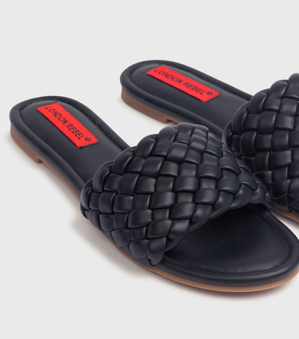 London Rebel Sutton Black Woven Flat Sandals