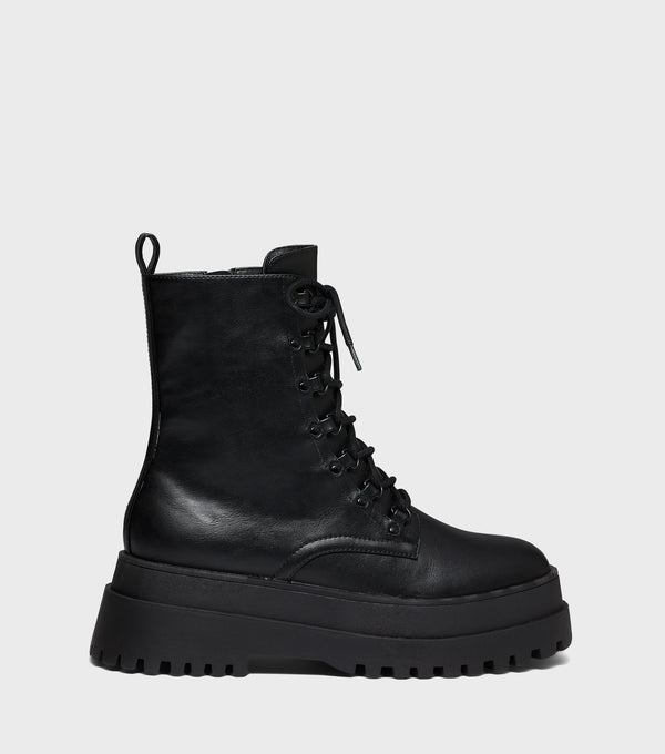 London Rebel Michelle Black Chunky Lace Up Ankle Boots