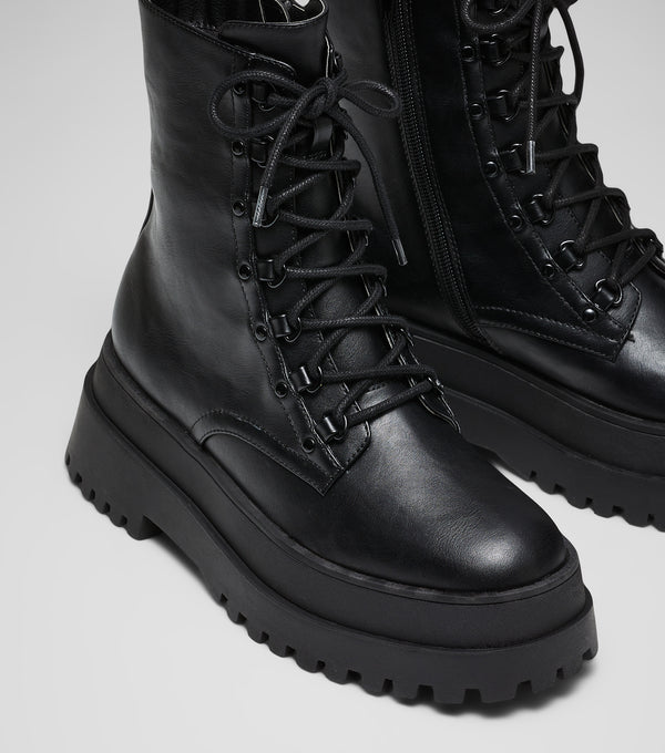 London Rebel Michelle Black Chunky Lace Up Ankle Boots