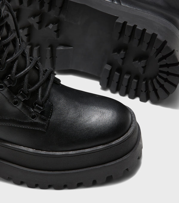 London Rebel Michelle Black Chunky Lace Up Ankle Boots
