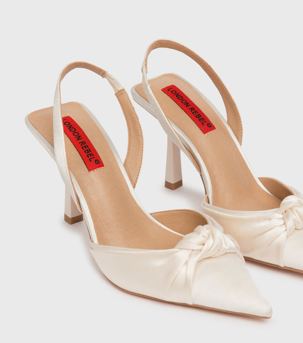 London Rebel Nyla Off-White Satin Tie Detail Sling-Back Heeled Shoes