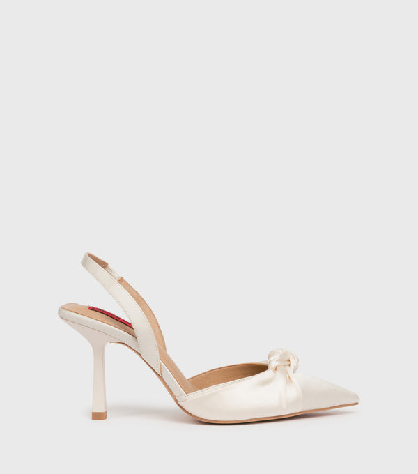 london rebel Nyla Off-White Satin Tie Detail Sling-Back Heeled Shoes