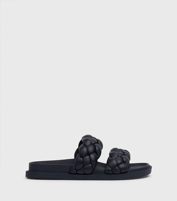 London Rebel Ruby Black Plaited Double Strap Sliders