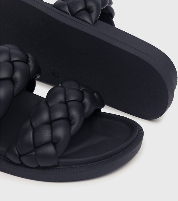 London Rebel Ruby Black Plaited Double Strap Sliders