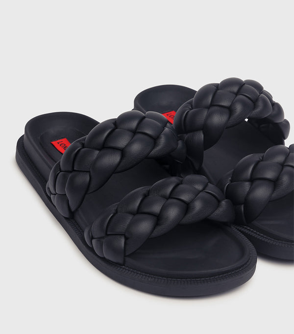 London Rebel Ruby Black Plaited Double Strap Sliders