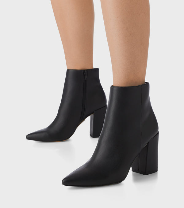 london rebel Sandy Black Block Heel Pointed Ankle Boots