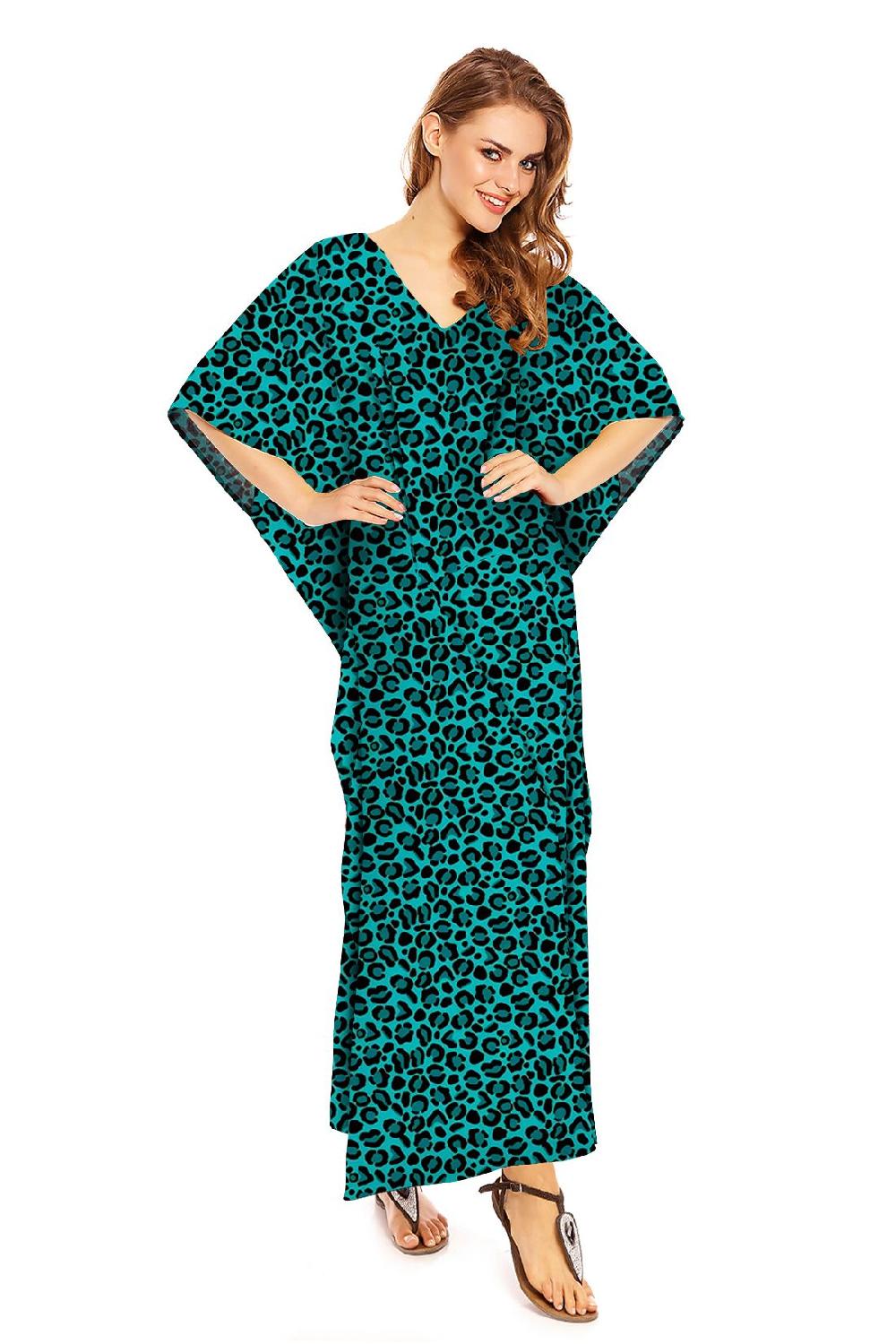 looking glam Full Length Maxi Kaftan Dress in Teal Animal Print
