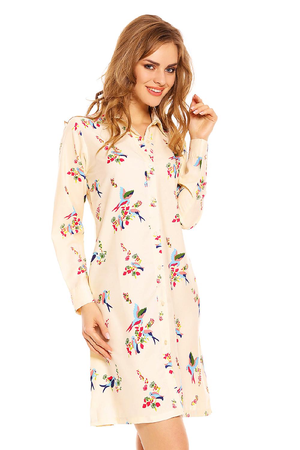 Looking Glam Ladies Bird Print Shirt Dress In Cream
